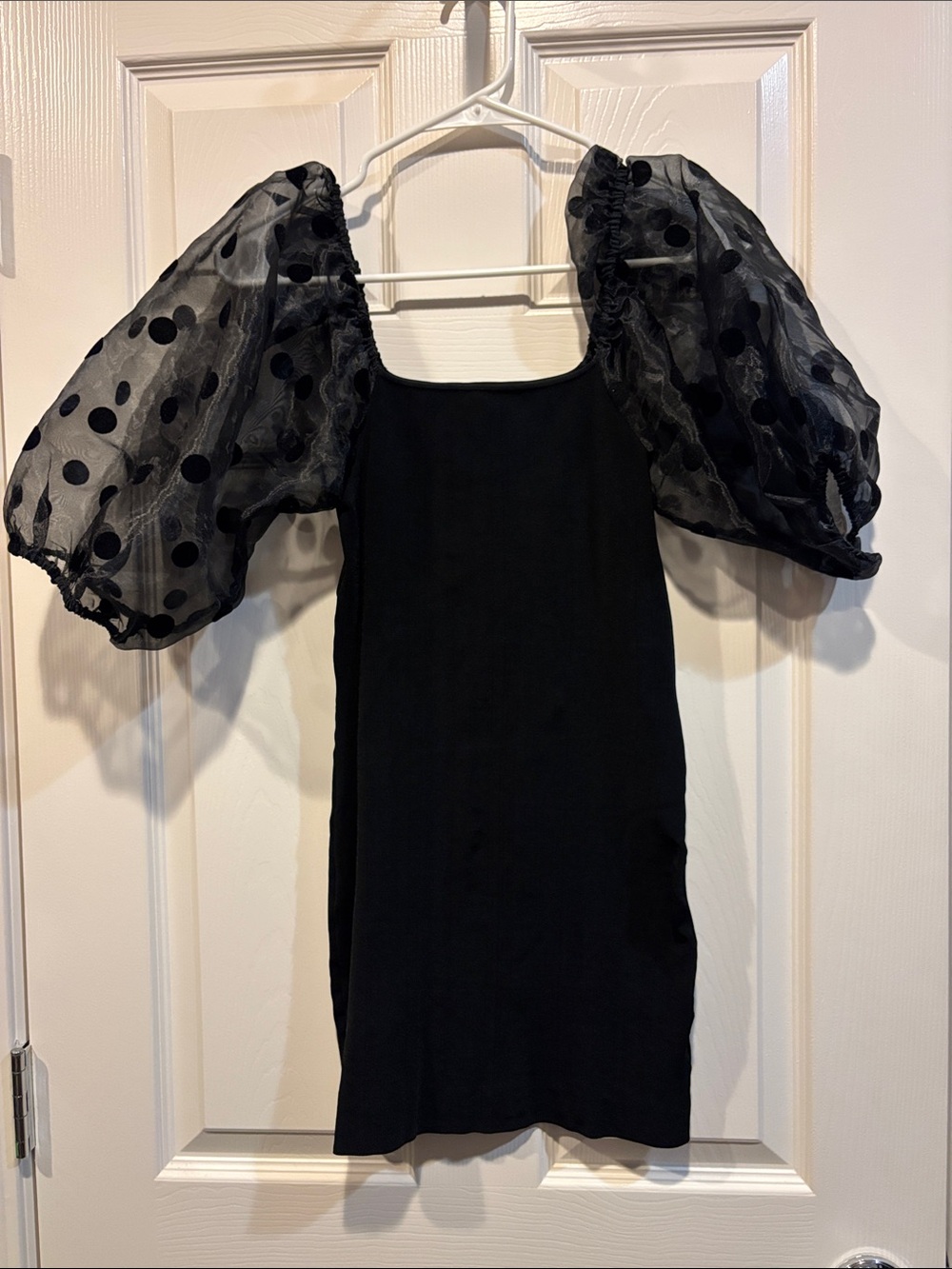Flying Tomato Black Ribbed Dress with Sheer Puff Sleeves